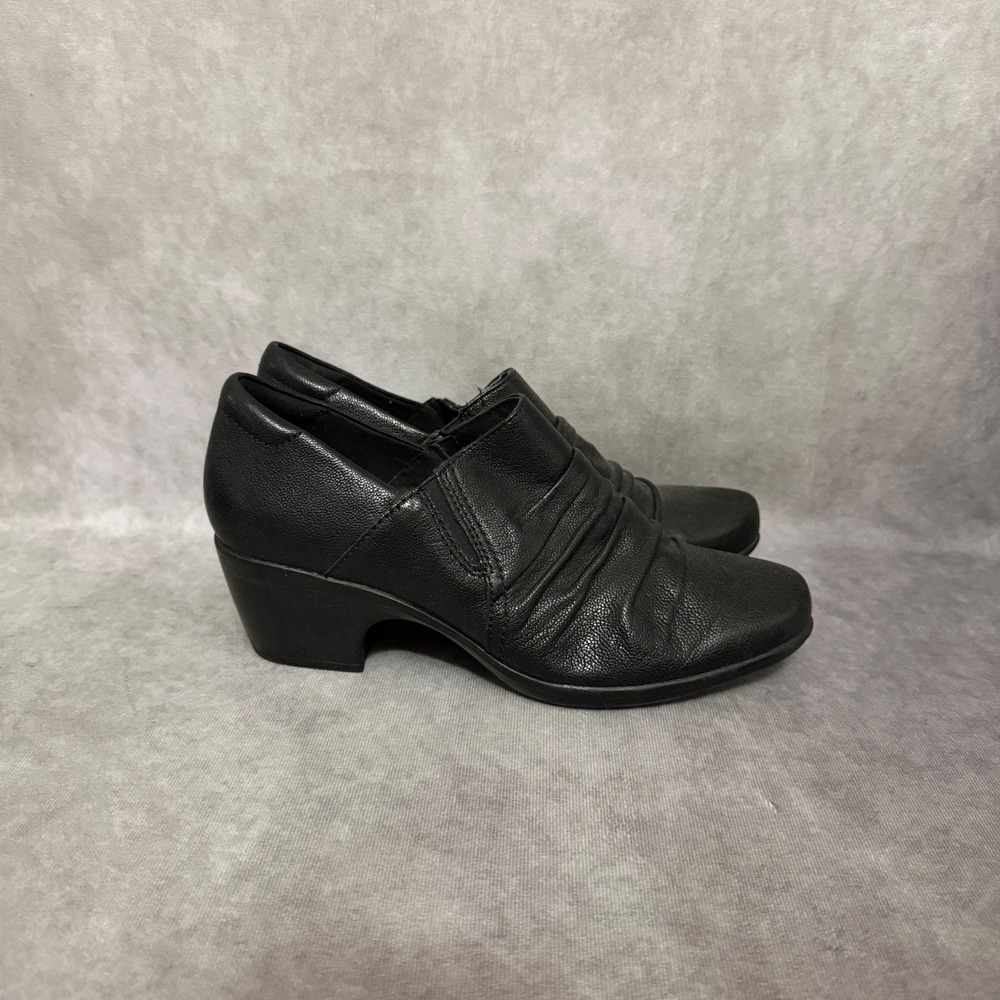 Clarks Collection Leather Shooties Womens 8 Black Ruched Block Heel Ankle Boots